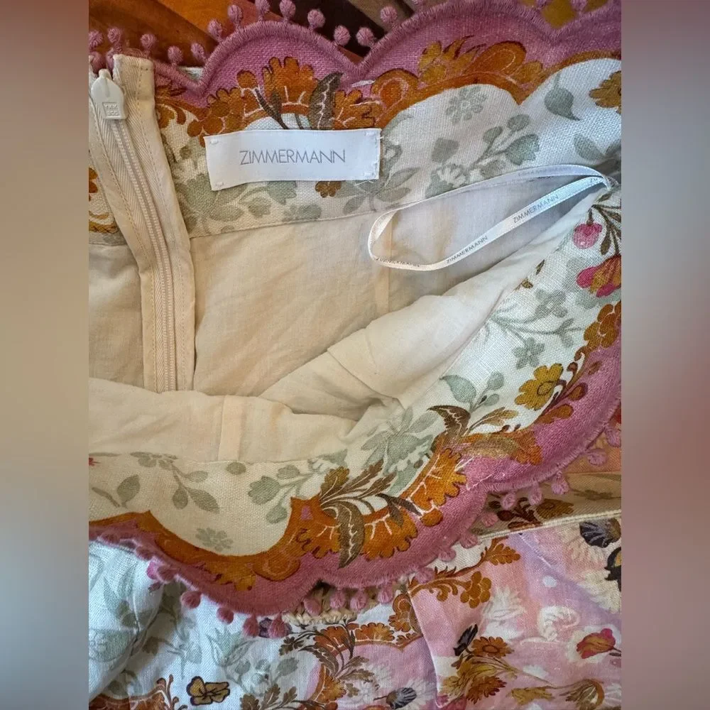 Zimmermann Laurel Pink White Linen Scalloped Floral Shorts Belt Size AU 3 US 10 - Picture 8 of 11